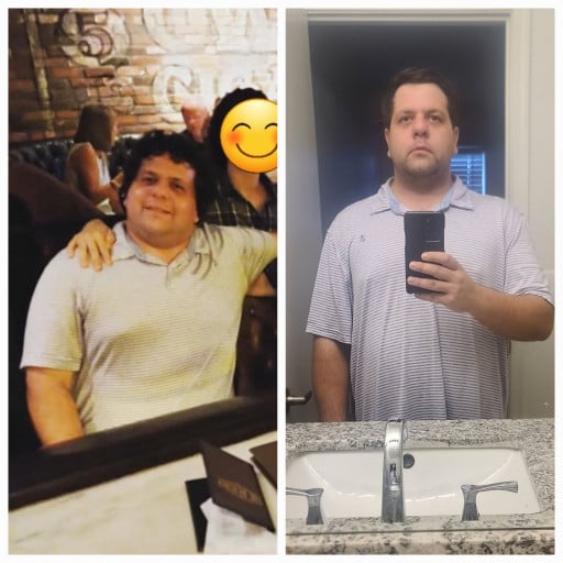 A before and after photo of a 5'8" male showing a weight reduction from 287 pounds to 230 pounds. A net loss of 57 pounds.