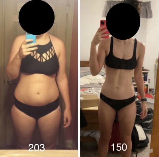 A photo of a 5'11" woman showing a weight cut from 203 pounds to 150 pounds. A net loss of 53 pounds.