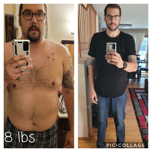 A picture of a 6'8" male showing a weight loss from 358 pounds to 257 pounds. A respectable loss of 101 pounds.