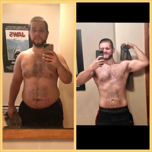 Before and After 75 lbs Fat Loss 5 feet 11 Male 260 lbs to 185 lbs