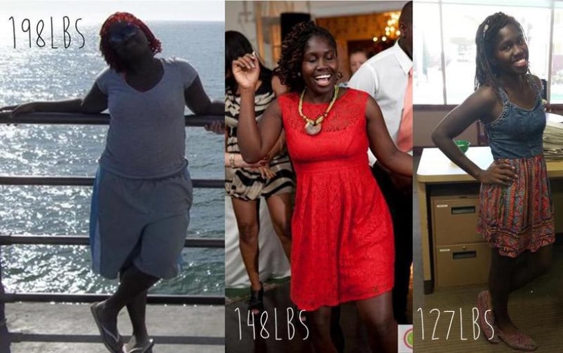 A photo of a 5'2" woman showing a weight cut from 198 pounds to 127 pounds. A net loss of 71 pounds.