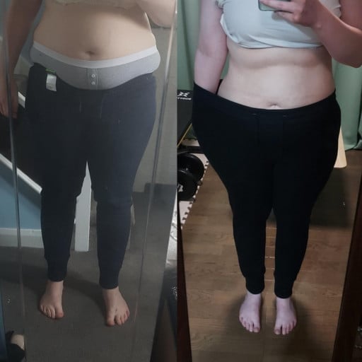 A before and after photo of a 5'7" female showing a weight reduction from 250 pounds to 180 pounds. A total loss of 70 pounds.
