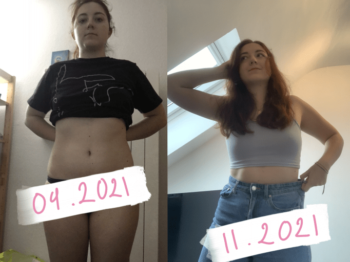 A progress pic of a 5'7" woman showing a fat loss from 210 pounds to 151 pounds. A net loss of 59 pounds.