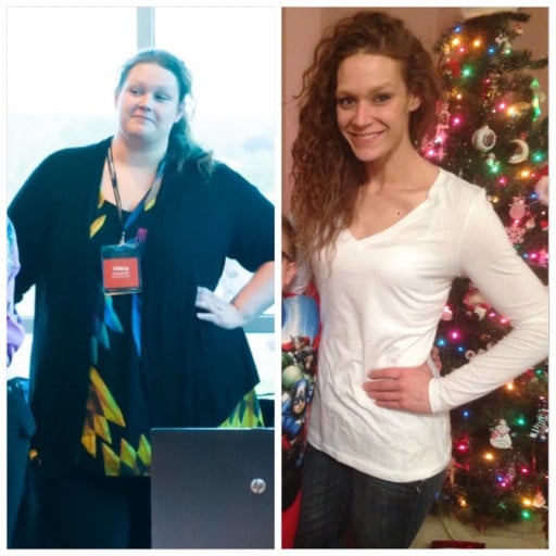 A progress pic of a 5'11" woman showing a weight cut from 355 pounds to 170 pounds. A total loss of 185 pounds.