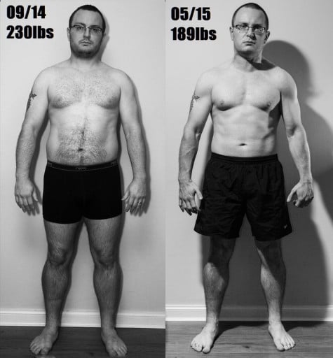 A before and after photo of a 5'10" male showing a weight reduction from 230 pounds to 189 pounds. A total loss of 41 pounds.