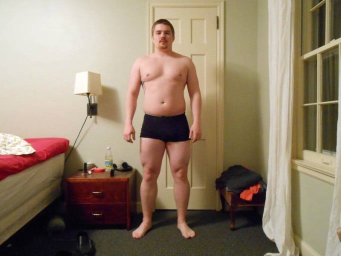 A before and after photo of a 5'7" male showing a snapshot of 187 pounds at a height of 5'7