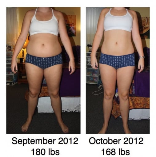 A photo of a 5'8" woman showing a fat loss from 180 pounds to 168 pounds. A respectable loss of 12 pounds.