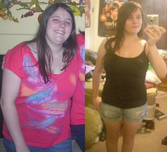 A picture of a 4'11" female showing a weight loss from 160 pounds to 120 pounds. A total loss of 40 pounds.