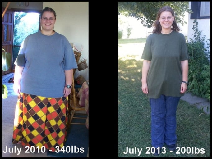 A picture of a 5'6" female showing a weight loss from 340 pounds to 200 pounds. A total loss of 140 pounds.