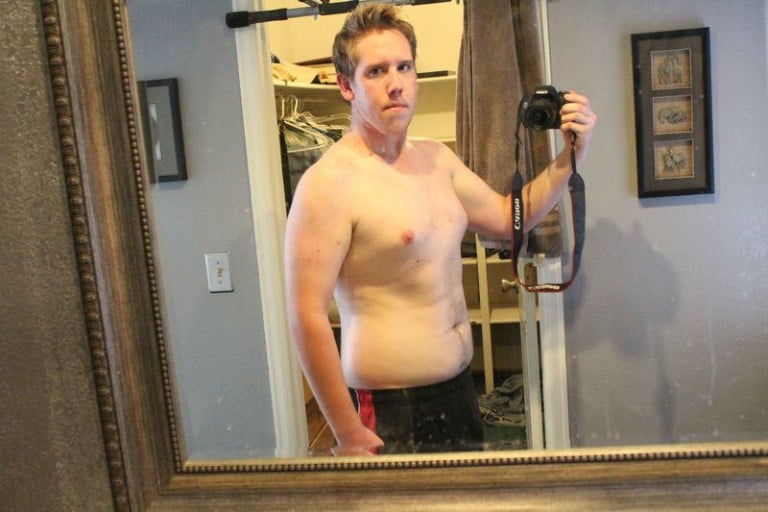 A before and after photo of a 6'0" male showing a weight cut from 230 pounds to 155 pounds. A total loss of 75 pounds.