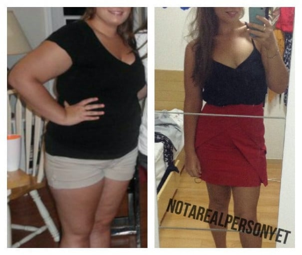 A photo of a 5'6" woman showing a weight cut from 210 pounds to 138 pounds. A respectable loss of 72 pounds.