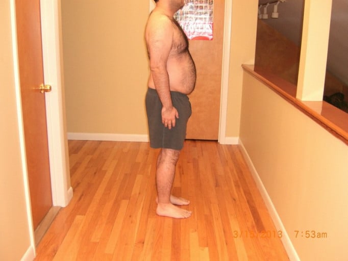 A before and after photo of a 5'5" male showing a snapshot of 183 pounds at a height of 5'5