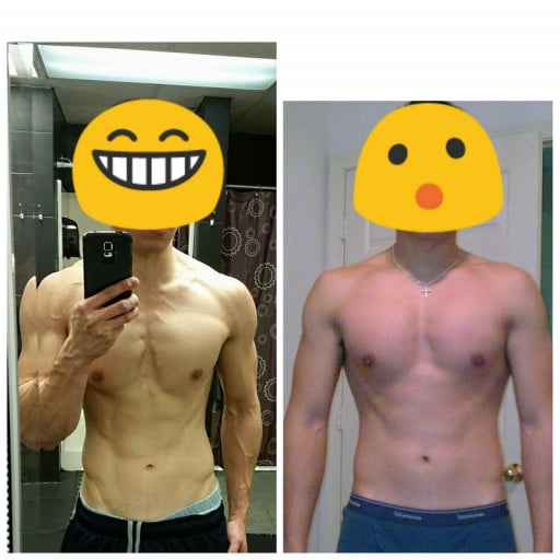 A progress pic of a 5'10" man showing a fat loss from 165 pounds to 155 pounds. A respectable loss of 10 pounds.