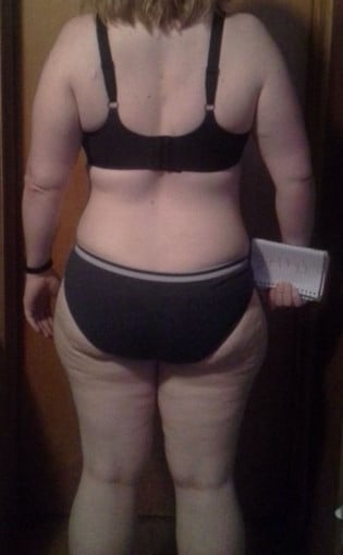 A before and after photo of a 5'2" female showing a snapshot of 164 pounds at a height of 5'2