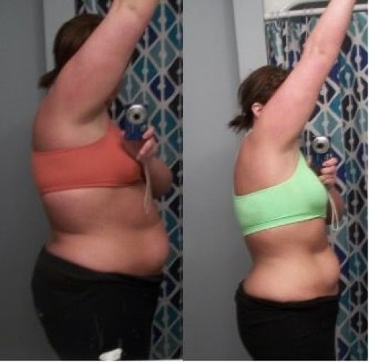 A before and after photo of a 5'4" female showing a weight reduction from 236 pounds to 207 pounds. A net loss of 29 pounds.