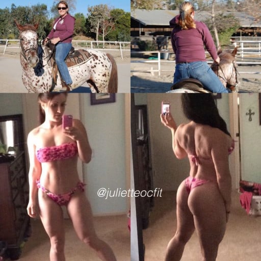 A before and after photo of a 5'5" female showing a weight reduction from 160 pounds to 150 pounds. A total loss of 10 pounds.