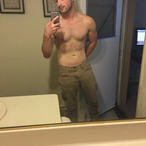 A picture of a 5'9" male showing a weight cut from 215 pounds to 145 pounds. A net loss of 70 pounds.