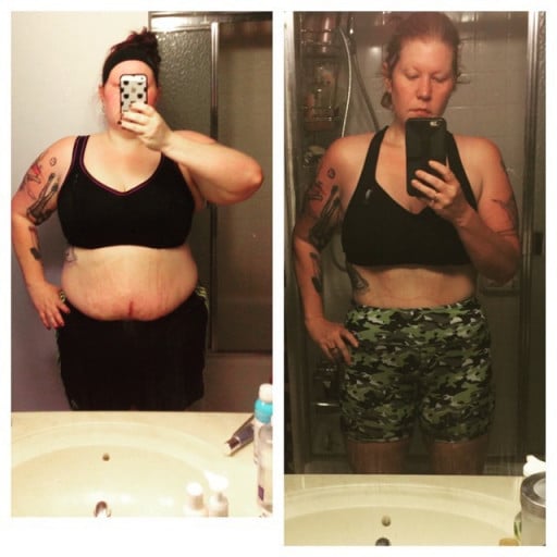 A progress pic of a 5'3" woman showing a fat loss from 256 pounds to 151 pounds. A total loss of 105 pounds.