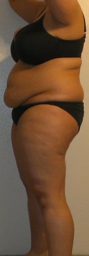 A before and after photo of a 5'0" female showing a snapshot of 180 pounds at a height of 5'0