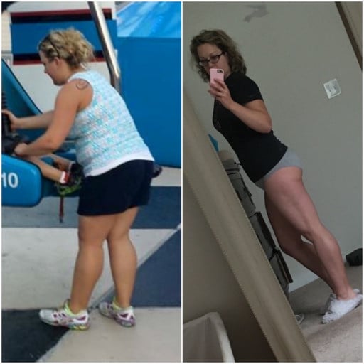 A progress pic of a 5'4" woman showing a fat loss from 206 pounds to 176 pounds. A total loss of 30 pounds.