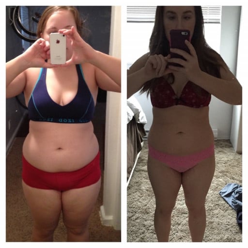 A progress pic of a 5'3" woman showing a fat loss from 180 pounds to 141 pounds. A total loss of 39 pounds.