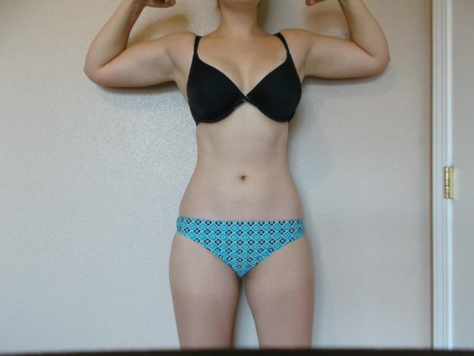 A photo of a 5'8" woman showing a snapshot of 144 pounds at a height of 5'8