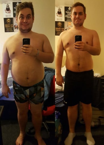 A picture of a 5'11" male showing a weight loss from 265 pounds to 235 pounds. A net loss of 30 pounds.