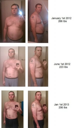A before and after photo of a 6'0" male showing a weight reduction from 266 pounds to 206 pounds. A net loss of 60 pounds.