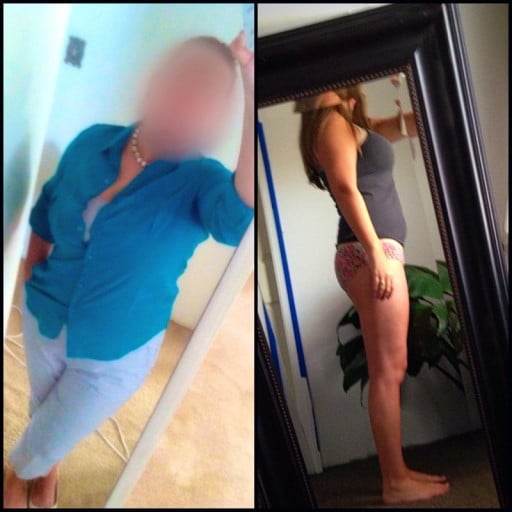 A picture of a 5'3" female showing a weight loss from 187 pounds to 139 pounds. A net loss of 48 pounds.