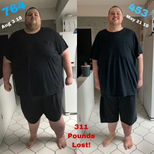 A picture of a 6'8" male showing a weight loss from 764 pounds to 453 pounds. A total loss of 311 pounds.