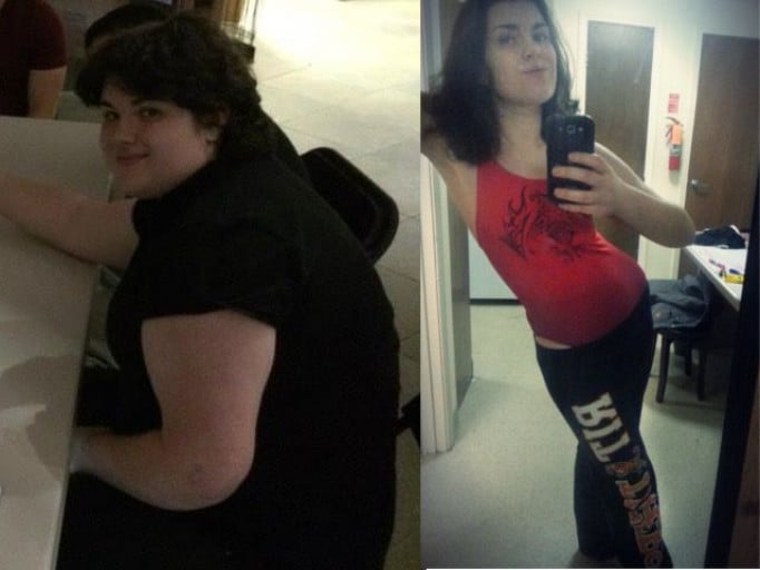 A photo of a 5'9" woman showing a weight cut from 270 pounds to 158 pounds. A respectable loss of 112 pounds.