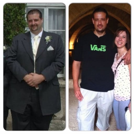 A picture of a 6'4" male showing a weight loss from 382 pounds to 263 pounds. A net loss of 119 pounds.