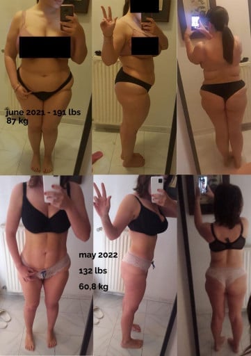 59 lbs Fat Loss 5 feet 1 Female 191 lbs to 132 lbs