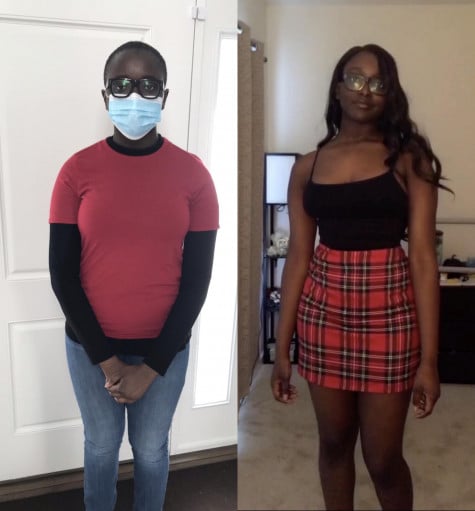 A before and after photo of a 5'11" female showing a weight reduction from 210 pounds to 185 pounds. A respectable loss of 25 pounds.