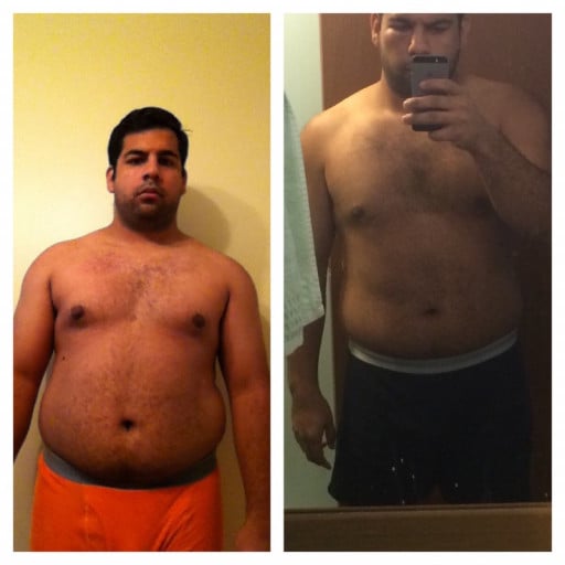 A before and after photo of a 5'8" male showing a weight reduction from 230 pounds to 200 pounds. A total loss of 30 pounds.