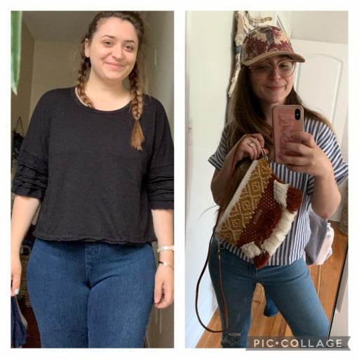 A progress pic of a 5'2" woman showing a fat loss from 184 pounds to 123 pounds. A respectable loss of 61 pounds.