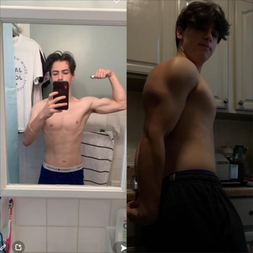 A picture of a 5'8" male showing a muscle gain from 125 pounds to 165 pounds. A respectable gain of 40 pounds.