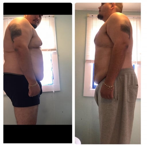 A photo of a 6'1" man showing a weight cut from 335 pounds to 290 pounds. A total loss of 45 pounds.