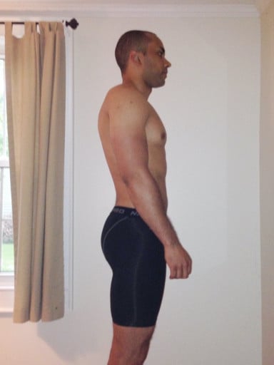 A before and after photo of a 6'1" male showing a snapshot of 195 pounds at a height of 6'1