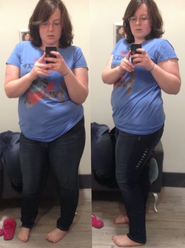 A picture of a 5'5" female showing a fat loss from 230 pounds to 144 pounds. A net loss of 86 pounds.
