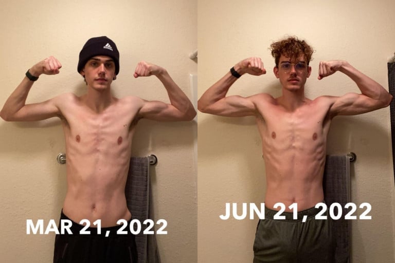 A photo of a 6'5" man showing a muscle gain from 150 pounds to 158 pounds. A net gain of 8 pounds.
