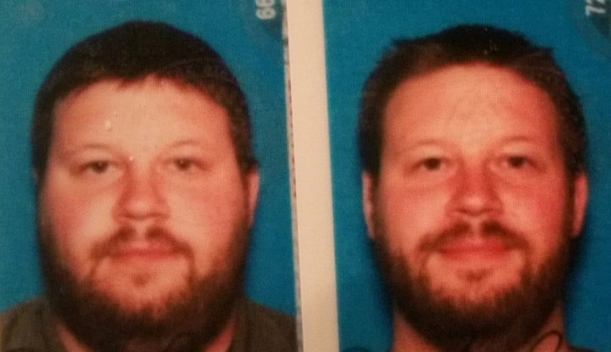A before and after photo of a 5'11" male showing a weight reduction from 350 pounds to 275 pounds. A net loss of 75 pounds.