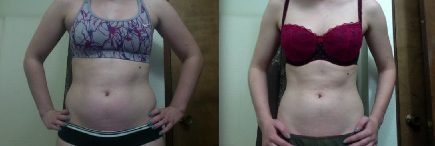 A before and after photo of a 5'6" female showing a weight reduction from 153 pounds to 133 pounds. A respectable loss of 20 pounds.