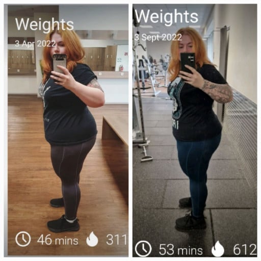 A before and after photo of a 5'5" female showing a weight reduction from 270 pounds to 251 pounds. A total loss of 19 pounds.
