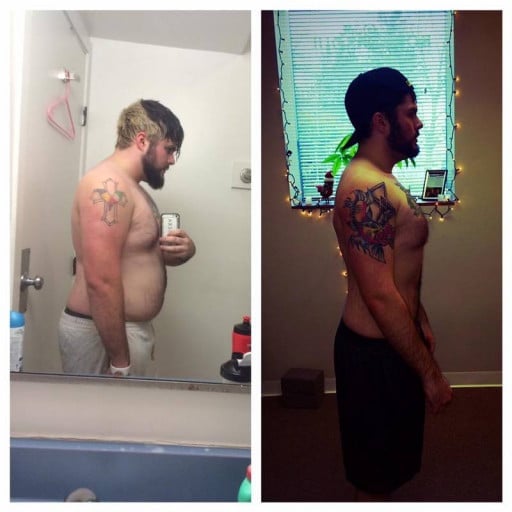 A progress pic of a 5'8" man showing a fat loss from 220 pounds to 175 pounds. A net loss of 45 pounds.