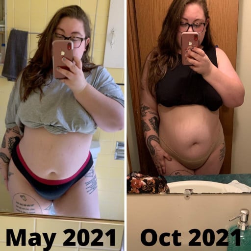 A picture of a 5'3" female showing a weight loss from 250 pounds to 225 pounds. A respectable loss of 25 pounds.