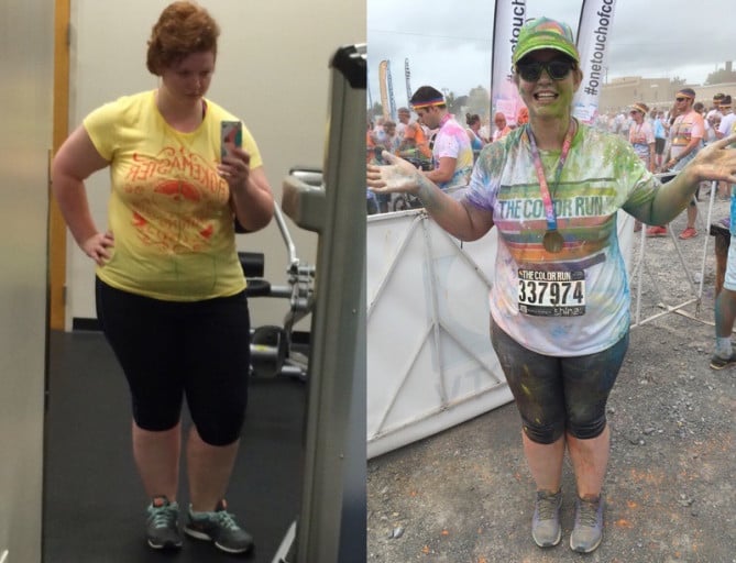A progress pic of a 5'10" woman showing a weight cut from 308 pounds to 253 pounds. A total loss of 55 pounds.