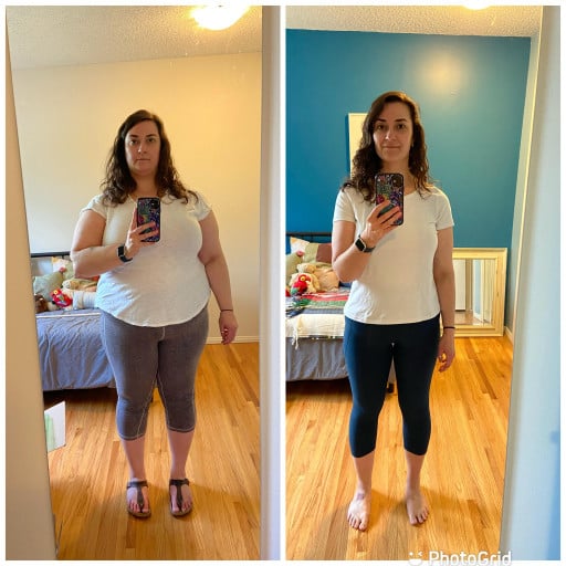 A before and after photo of a 5'6" female showing a weight reduction from 263 pounds to 154 pounds. A net loss of 109 pounds.