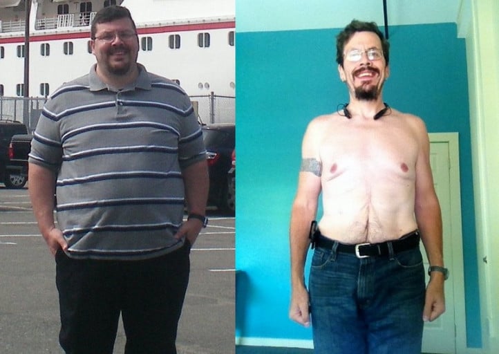 A progress pic of a 5'8" man showing a fat loss from 294 pounds to 170 pounds. A respectable loss of 124 pounds.