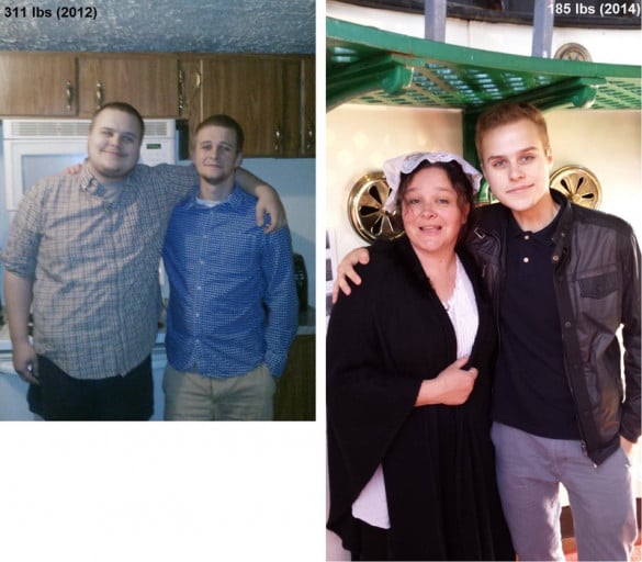 A before and after photo of a 6'2" male showing a weight reduction from 311 pounds to 185 pounds. A total loss of 126 pounds.